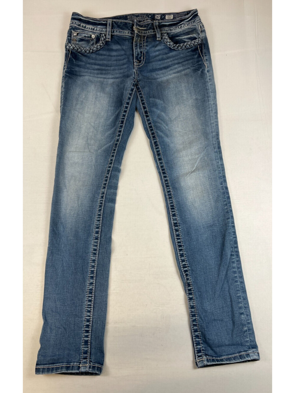 Miss Me Women Size 30x31 Blue Signature Skinny Jeans Rhinestone Braided Pockets